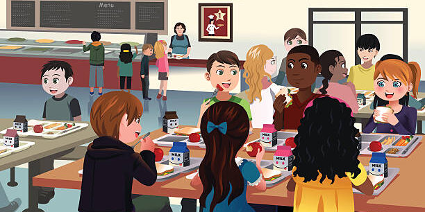 A vector illustration of kids eating at the school cafeteria