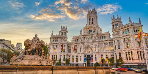 Madrid Spain, sunrise city skyline at Cibeles Fountain Town Square