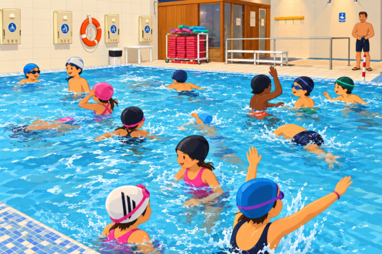 Piscina cubierta llena de juegos