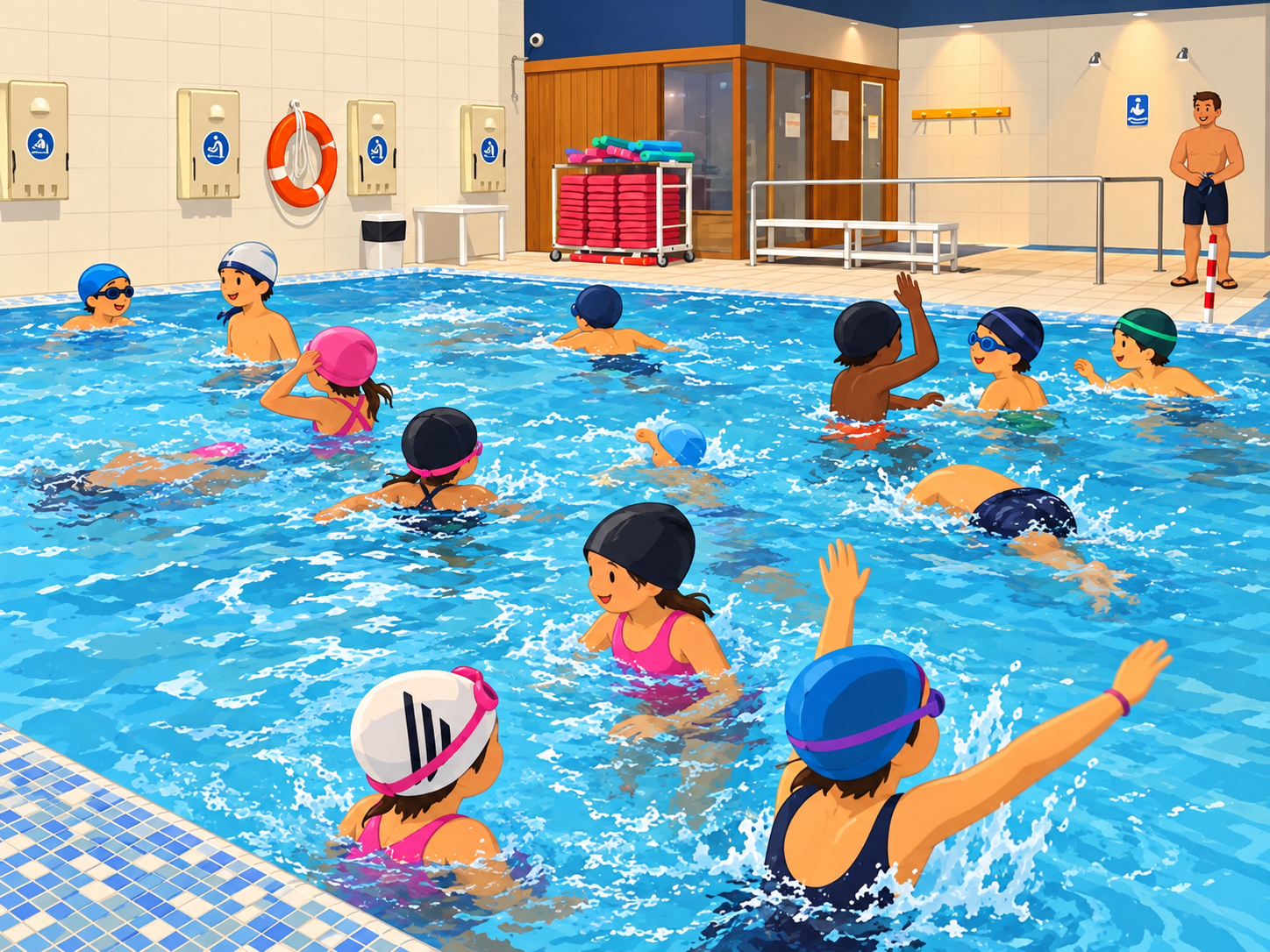 Piscina cubierta llena de juegos